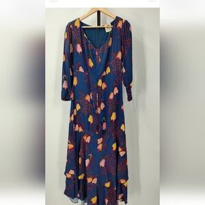 FARM Rio Navy Floral V-Neck Long Sleeve Midi Dress